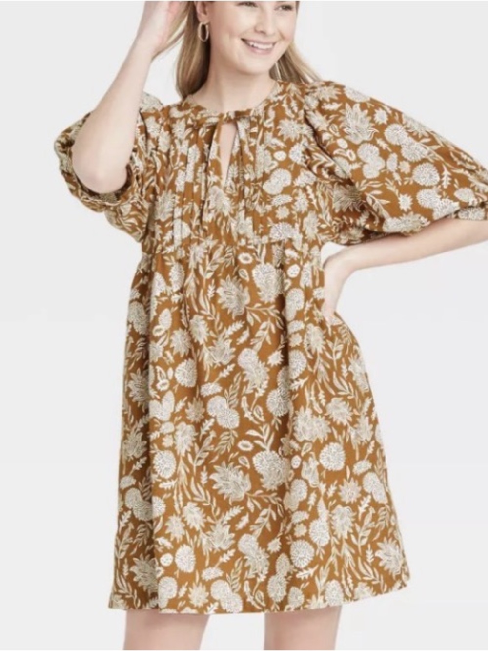 🩷 Universal Thread Brown Floral Tie-Neck Mini shift Dress size M